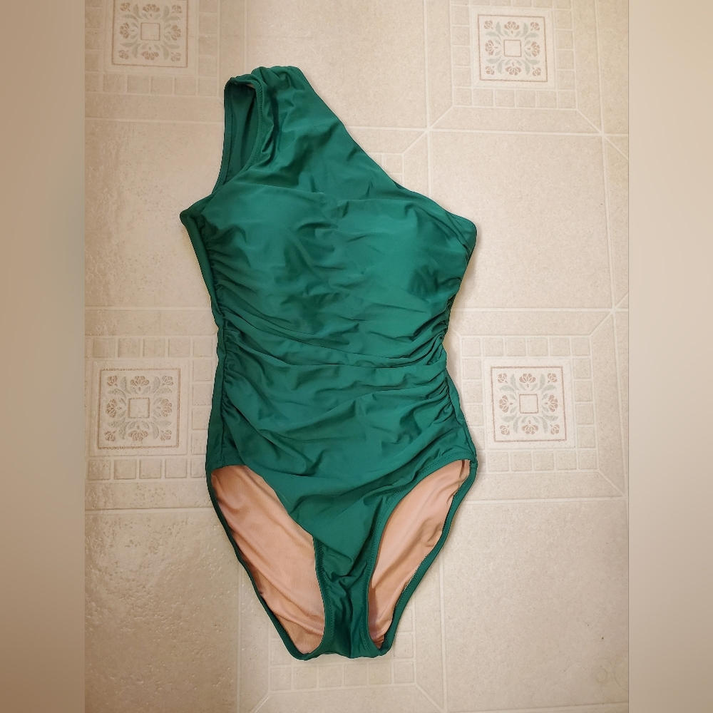 J Crew Ruched One Shoulder One Piece in Jungle Green size 6